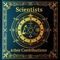 An exquisite book cover for "Scientists & their Contributions" featuring a sophisticated central emblem containing intertwined symbols of major scientific fields: a microscope, a mathematical compass, an atom, and a constellation map