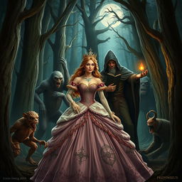 A dramatic scene depicting a princess and a magician being captured by cryptids in a mystical forest