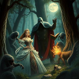 A dramatic scene depicting a princess and a magician being captured by cryptids in a mystical forest