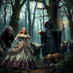 A dramatic scene depicting a princess and a magician being captured by cryptids in a mystical forest