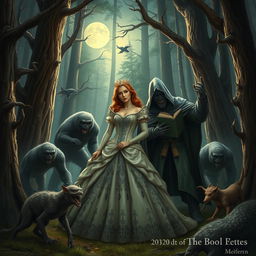 A dramatic scene depicting a princess and a magician being captured by cryptids in a mystical forest