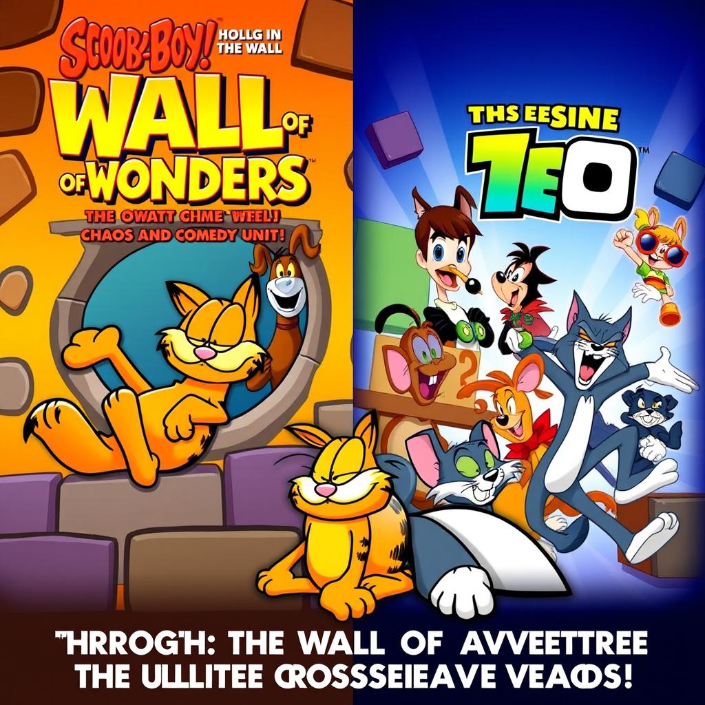 An exciting episode title card and movie poster featuring Garfield, Scooby-Doo, Hole in the Wall, Ben 10, and Tom and Jerry