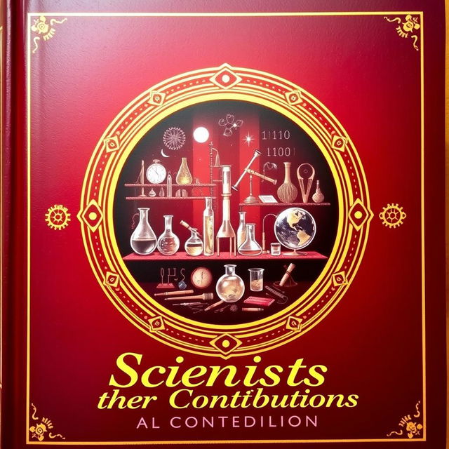 A captivating book cover for "Scientists & their Contributions" featuring a central circular vignette with golden borders, enclosing a meticulously detailed illustration of a scientist's laboratory