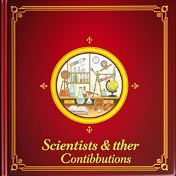 A captivating book cover for "Scientists & their Contributions" featuring a central circular vignette with golden borders, enclosing a meticulously detailed illustration of a scientist's laboratory