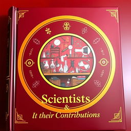 A captivating book cover for "Scientists & their Contributions" featuring a central circular vignette with golden borders, enclosing a meticulously detailed illustration of a scientist's laboratory