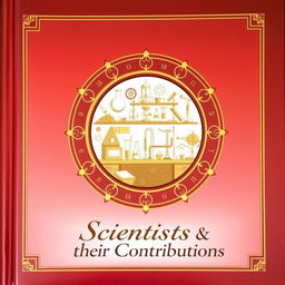 A captivating book cover for "Scientists & their Contributions" featuring a central circular vignette with golden borders, enclosing a meticulously detailed illustration of a scientist's laboratory