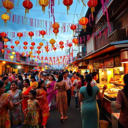 A vibrant and lively festival scene featuring diverse people in colorful traditional attire, dancing and celebrating together