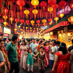 A vibrant and lively festival scene featuring diverse people in colorful traditional attire, dancing and celebrating together