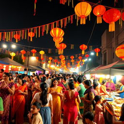 A vibrant and lively festival scene featuring diverse people in colorful traditional attire, dancing and celebrating together