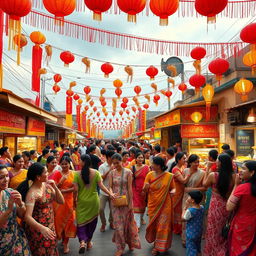 A vibrant and lively festival scene featuring diverse people in colorful traditional attire, dancing and celebrating together