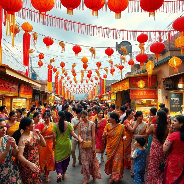 A vibrant and lively festival scene featuring diverse people in colorful traditional attire, dancing and celebrating together