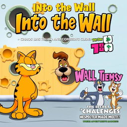 An energetic and whimsical episode title card and movie poster featuring Garfield, Scooby-Doo, Hole in the Wall, Ben 10, The Secret Saturdays, and Tom and Jerry