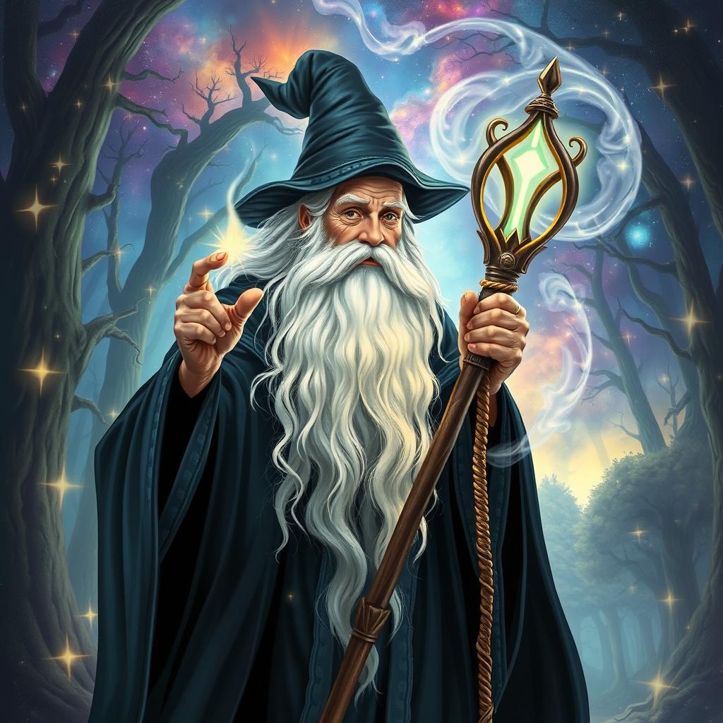 A magical wizard poster featuring an old, wise wizard with a long white beard and mystical robes