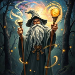 A magical wizard poster featuring an old, wise wizard with a long white beard and mystical robes