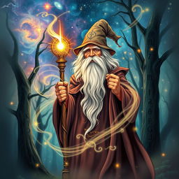 A magical wizard poster featuring an old, wise wizard with a long white beard and mystical robes