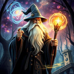 A magical wizard poster featuring an old, wise wizard with a long white beard and mystical robes