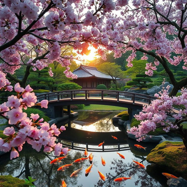 A peaceful and serene scene of a Japanese garden in springtime