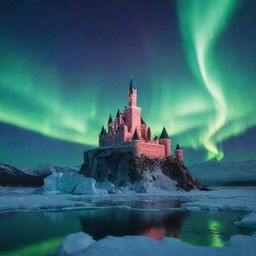 A majestic castle made from vibrant, crystalline ice under a glittering northern lights sky