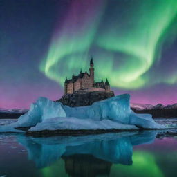 A majestic castle made from vibrant, crystalline ice under a glittering northern lights sky