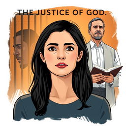 An illustration for the fictional modern-day story 'The Justice of God', showcasing a central image of a Christian college-aged woman