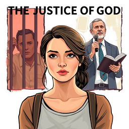 An illustration for the fictional modern-day story 'The Justice of God', showcasing a central image of a Christian college-aged woman