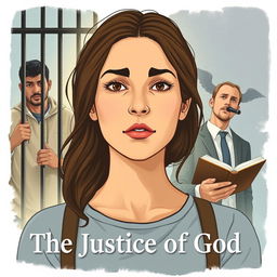 An illustration for the fictional modern-day story 'The Justice of God', showcasing a central image of a Christian college-aged woman