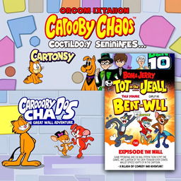 A vibrant episode title card and movie poster featuring Garfield, Scooby-Doo, Hole in the Wall, Ben 10, The Secret Saturdays, What a Cartoon!, Totally Spies, and Tom and Jerry