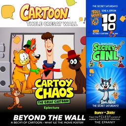 A vibrant episode title card and movie poster featuring Garfield, Scooby-Doo, Hole in the Wall, Ben 10, The Secret Saturdays, What a Cartoon!, Totally Spies, and Tom and Jerry