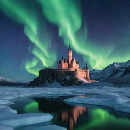 A majestic castle made from vibrant, crystalline ice under a glittering northern lights sky