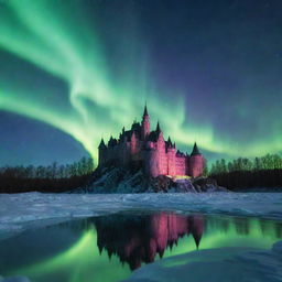 A majestic castle made from vibrant, crystalline ice under a glittering northern lights sky