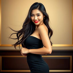 A beautiful and sexy Asian woman with long flowing hair, posing confidently