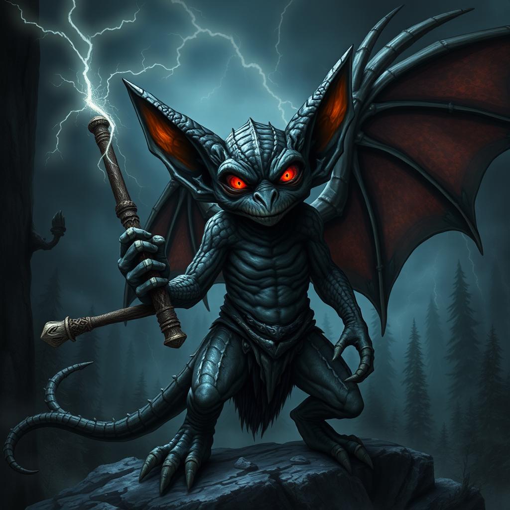 A kobold with an eerie and mystical appearance, adorned with shadow scales that shimmer in shades of dark grey and black, contrasted by its vivid red eyes that glow with an ominous intensity