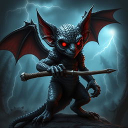 A kobold with an eerie and mystical appearance, adorned with shadow scales that shimmer in shades of dark grey and black, contrasted by its vivid red eyes that glow with an ominous intensity