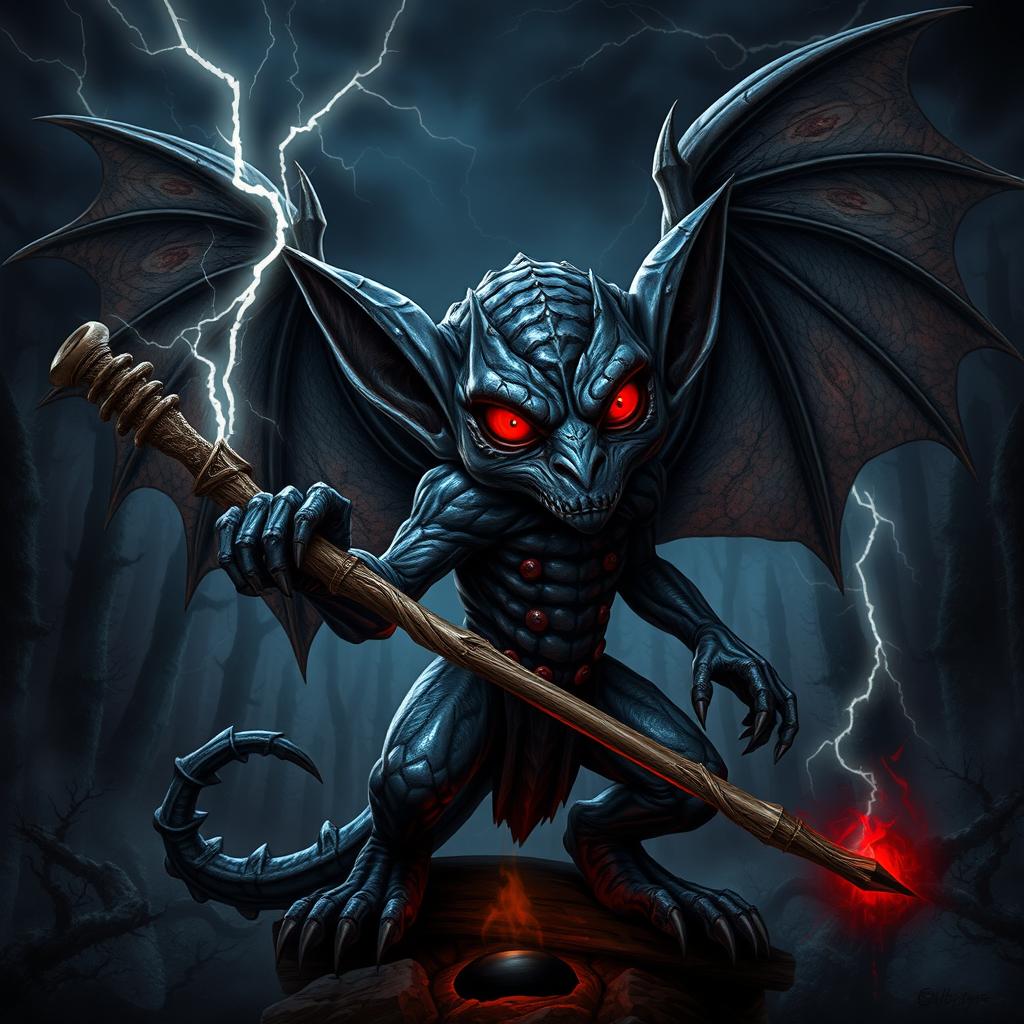 A kobold with an eerie and mystical appearance, adorned with shadow scales that shimmer in shades of dark grey and black, contrasted by its vivid red eyes that glow with an ominous intensity