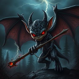 A kobold with an eerie and mystical appearance, adorned with shadow scales that shimmer in shades of dark grey and black, contrasted by its vivid red eyes that glow with an ominous intensity