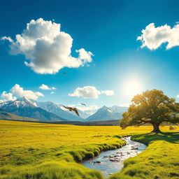 A serene landscape depicting a lush green meadow under a vibrant blue sky, dotted with fluffy white clouds