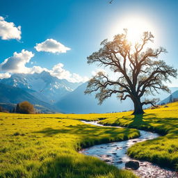 A serene landscape depicting a lush green meadow under a vibrant blue sky, dotted with fluffy white clouds