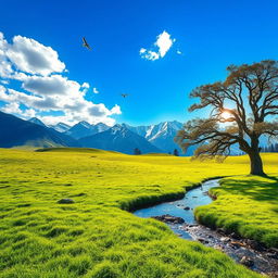 A serene landscape depicting a lush green meadow under a vibrant blue sky, dotted with fluffy white clouds