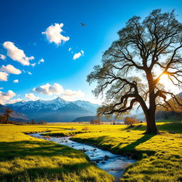 A serene landscape depicting a lush green meadow under a vibrant blue sky, dotted with fluffy white clouds