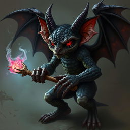 A mystical kobold with shadowy scales and red, piercing eyes, clutching a Wand of Orcus with its boney hand