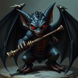 A mystical kobold with shadowy scales and red, piercing eyes, clutching a Wand of Orcus with its boney hand