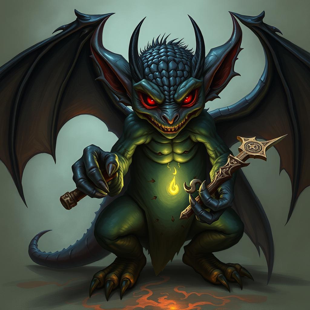 A mystical kobold with shadowy scales and red, piercing eyes, clutching a Wand of Orcus with its boney hand