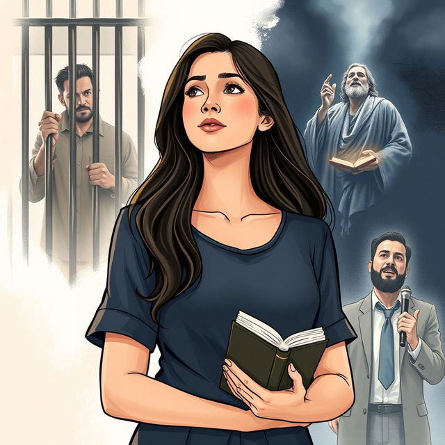 An illustration for the fictional modern-day story 'The Justice of God', featuring a central image of a Christian college-aged woman, exuding strength and faith