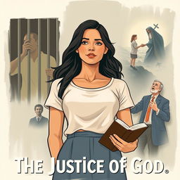 An illustration for the fictional modern-day story 'The Justice of God', featuring a central image of a Christian college-aged woman, exuding strength and faith