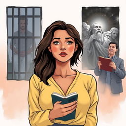 An illustration for the fictional modern-day story 'The Justice of God', featuring a central image of a Christian college-aged woman, exuding strength and faith