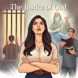 An illustration for the fictional modern-day story 'The Justice of God', featuring a central image of a Christian college-aged woman, exuding strength and faith