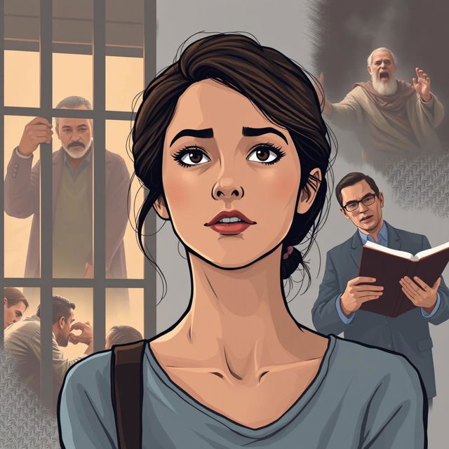 An illustration for the fictional modern-day story 'The Justice of God', focusing on a Christian college-aged woman, depicted with an expression of contemplation and faith, symbolizing her inner journey and belief