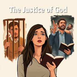 An illustration for the fictional modern-day story 'The Justice of God', focusing on a Christian college-aged woman, depicted with an expression of contemplation and faith, symbolizing her inner journey and belief