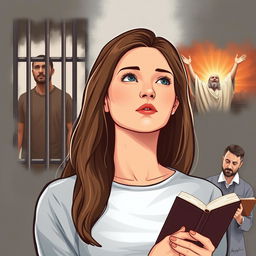 An illustration for the fictional modern-day story 'The Justice of God', focusing on a Christian college-aged woman, depicted with an expression of contemplation and faith, symbolizing her inner journey and belief