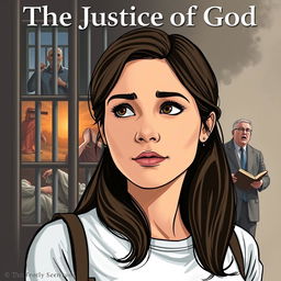 An illustration for the fictional modern-day story 'The Justice of God', focusing on a Christian college-aged woman, depicted with an expression of contemplation and faith, symbolizing her inner journey and belief